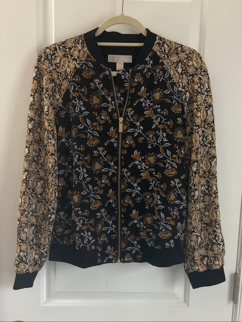 MICHAEL Michael Kors Black Bomber Jacket with Gold Floral Accents